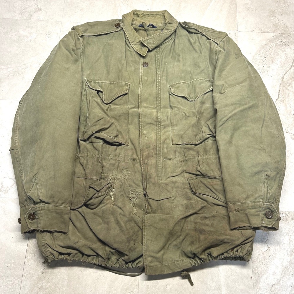 Vintage M-1951 Field Jacket Olive Drab Men XL Distressed Military Army Coat